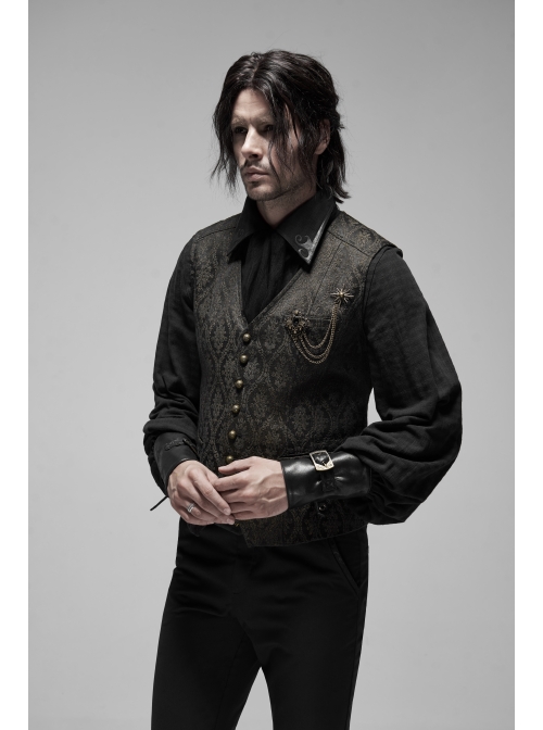 V-Neck Front Metal Retro Button Back Waist Metal Hasp Black Gothic Jacquard Vest