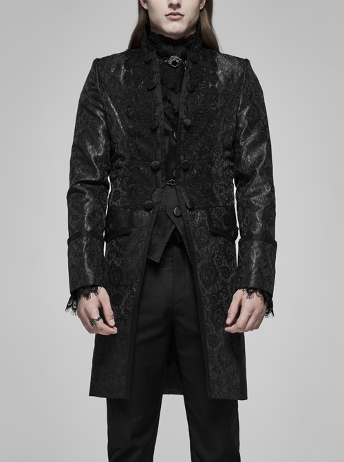 Stand-Up Collar Front Applique Button Long Sleeve Black Gothic Jacquard Coat