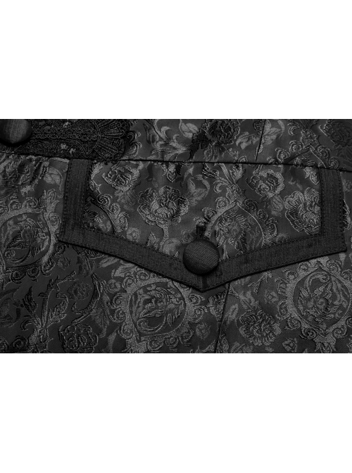 Stand-Up Collar Front Applique Button Long Sleeve Black Gothic Jacquard Coat