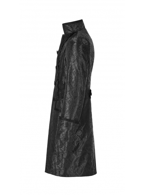 Stand-Up Collar Front Applique Button Long Sleeve Black Gothic Jacquard Coat