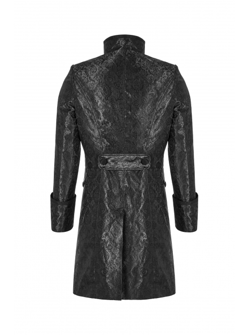 Stand-Up Collar Front Applique Button Long Sleeve Black Gothic Jacquard Coat