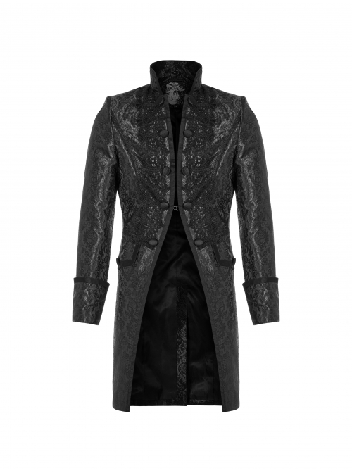Stand-Up Collar Front Applique Button Long Sleeve Black Gothic Jacquard Coat