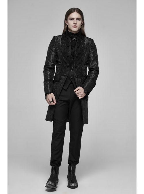 Stand-Up Collar Front Applique Button Long Sleeve Black Gothic Jacquard Coat