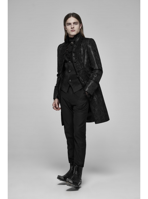 Stand-Up Collar Front Applique Button Long Sleeve Black Gothic Jacquard Coat