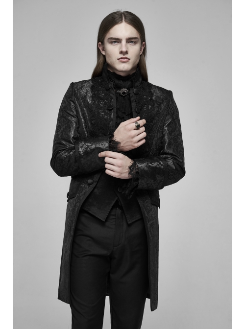 Stand-Up Collar Front Applique Button Long Sleeve Black Gothic Jacquard Coat