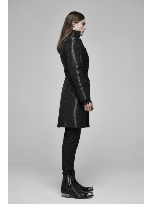 Stand-Up Collar Front Applique Button Long Sleeve Black Gothic Jacquard Coat