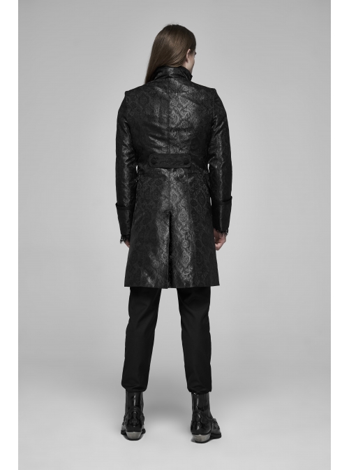 Stand-Up Collar Front Applique Button Long Sleeve Black Gothic Jacquard Coat