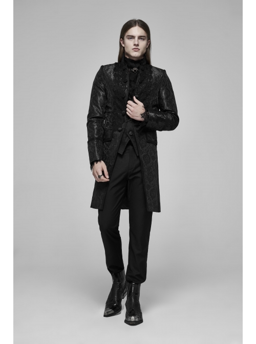 Stand-Up Collar Front Applique Button Long Sleeve Black Gothic Jacquard Coat