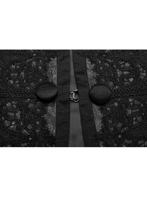 Stand-Up Collar Front Applique Button Long Sleeve Black Gothic Jacquard Coat