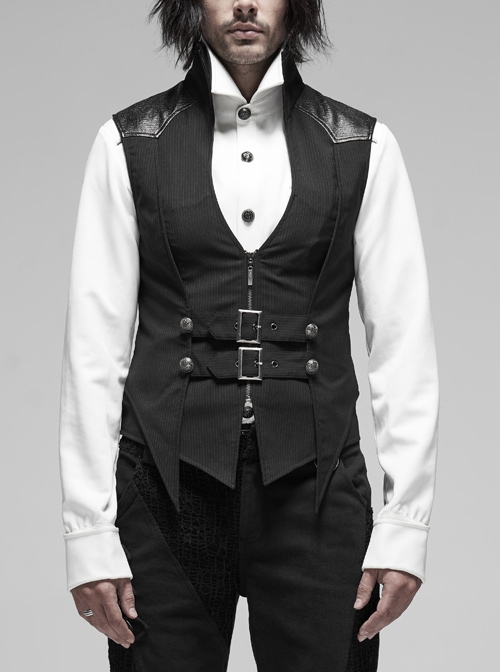Stand-Up Collar Front Metal Hasp Metal Retro Button Back Waist Lace-Up Black Punk Stripe Vest
