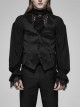 Front Button Side Applique Ribbon Ornament Back Waist Metal Hasp Slit Hem Black Gothic Vest