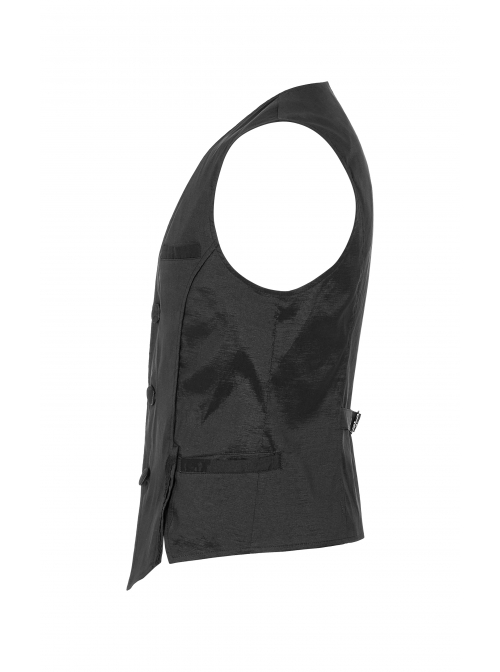 Front Button Side Applique Ribbon Ornament Back Waist Metal Hasp Slit Hem Black Gothic Vest