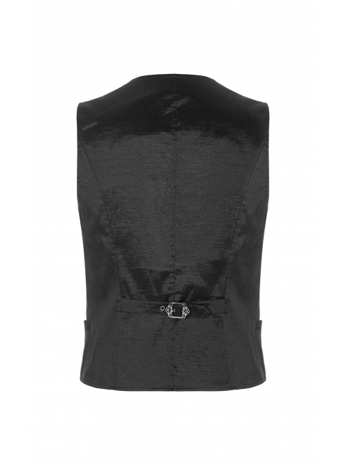 Front Button Side Applique Ribbon Ornament Back Waist Metal Hasp Slit Hem Black Gothic Vest