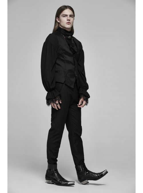 Front Button Side Applique Ribbon Ornament Back Waist Metal Hasp Slit Hem Black Gothic Vest