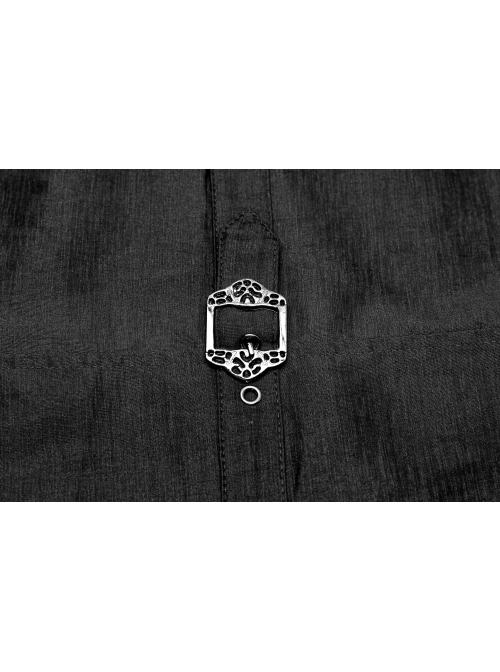 Front Button Side Applique Ribbon Ornament Back Waist Metal Hasp Slit Hem Black Gothic Vest