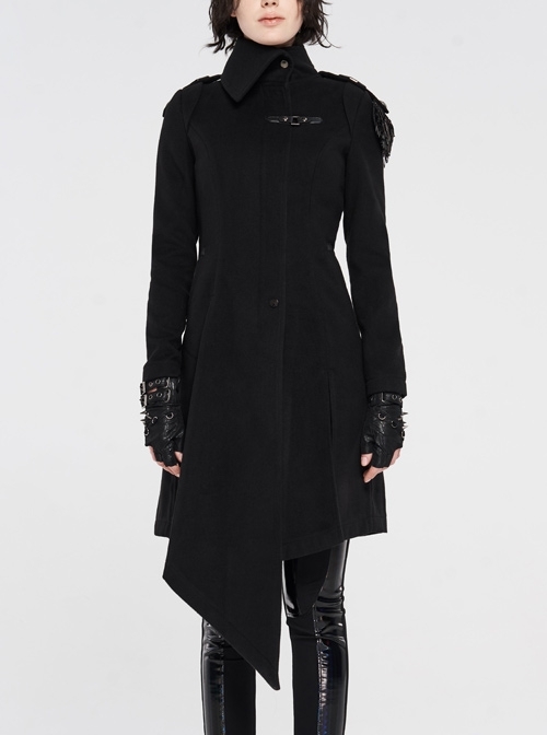 High Collar Leather Hasp Shoulder Metal Button Back Waist Lace-Up Black Punk Woolen Coat