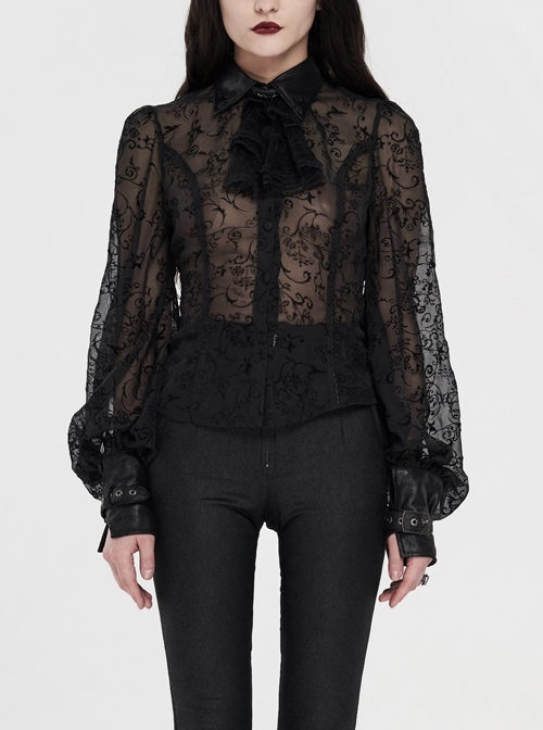 Applique Collar Front Chest Lace Frill Lantern Sleeve Back Waist Lace-Up Black Gothic Chiffon Flocking Blouse