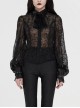 Applique Collar Front Chest Lace Frill Lantern Sleeve Back Waist Lace-Up Black Gothic Chiffon Flocking Blouse