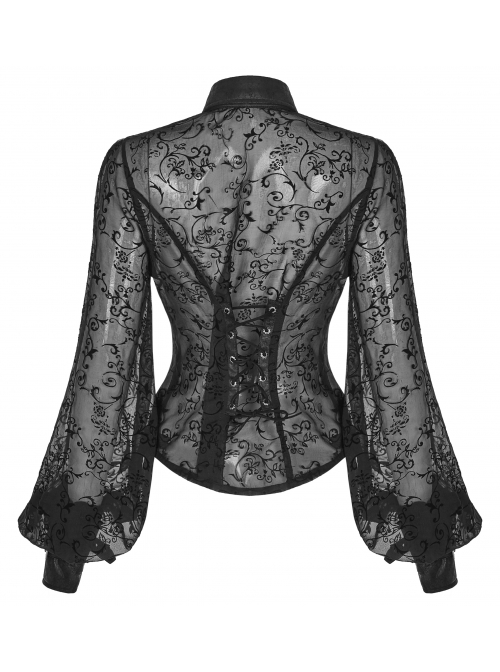 Applique Collar Front Chest Lace Frill Lantern Sleeve Back Waist Lace-Up Black Gothic Chiffon Flocking Blouse