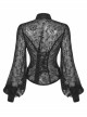 Applique Collar Front Chest Lace Frill Lantern Sleeve Back Waist Lace-Up Black Gothic Chiffon Flocking Blouse