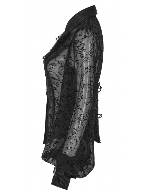 Applique Collar Front Chest Lace Frill Lantern Sleeve Back Waist Lace-Up Black Gothic Chiffon Flocking Blouse