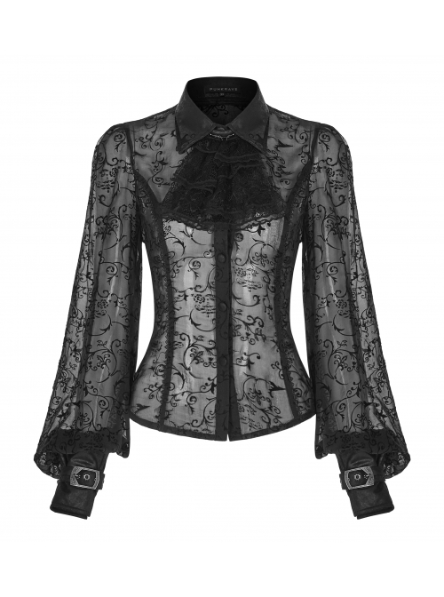 Applique Collar Front Chest Lace Frill Lantern Sleeve Back Waist Lace-Up Black Gothic Chiffon Flocking Blouse