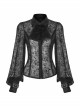 Applique Collar Front Chest Lace Frill Lantern Sleeve Back Waist Lace-Up Black Gothic Chiffon Flocking Blouse