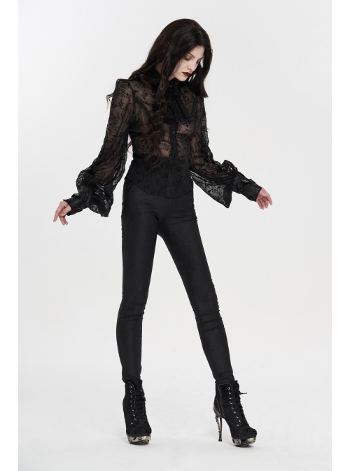 Applique Collar Front Chest Lace Frill Lantern Sleeve Back Waist Lace-Up Black Gothic Chiffon Flocking Blouse
