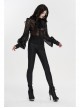 Applique Collar Front Chest Lace Frill Lantern Sleeve Back Waist Lace-Up Black Gothic Chiffon Flocking Blouse