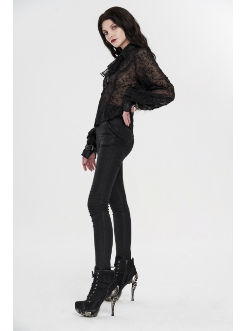 Applique Collar Front Chest Lace Frill Lantern Sleeve Back Waist Lace-Up Black Gothic Chiffon Flocking Blouse