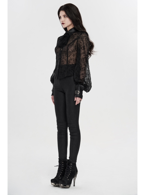 Applique Collar Front Chest Lace Frill Lantern Sleeve Back Waist Lace-Up Black Gothic Chiffon Flocking Blouse