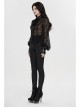 Applique Collar Front Chest Lace Frill Lantern Sleeve Back Waist Lace-Up Black Gothic Chiffon Flocking Blouse