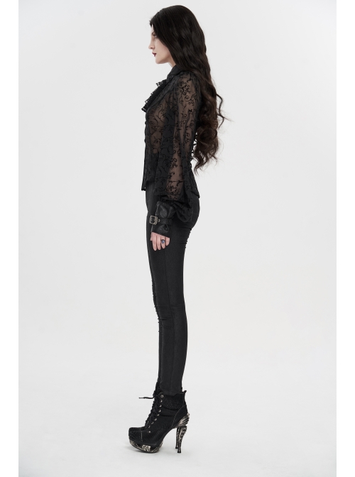 Applique Collar Front Chest Lace Frill Lantern Sleeve Back Waist Lace-Up Black Gothic Chiffon Flocking Blouse