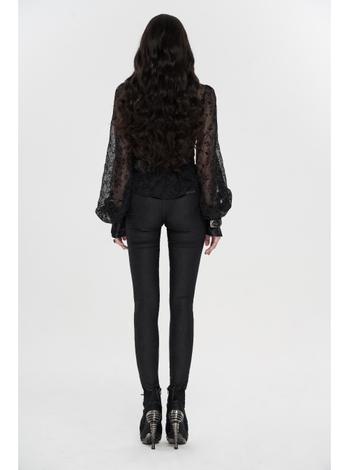 Applique Collar Front Chest Lace Frill Lantern Sleeve Back Waist Lace-Up Black Gothic Chiffon Flocking Blouse