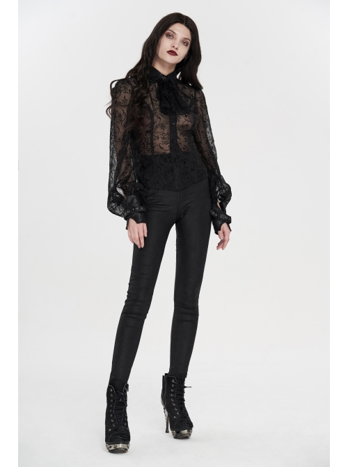 Applique Collar Front Chest Lace Frill Lantern Sleeve Back Waist Lace-Up Black Gothic Chiffon Flocking Blouse