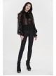 Applique Collar Front Chest Lace Frill Lantern Sleeve Back Waist Lace-Up Black Gothic Chiffon Flocking Blouse