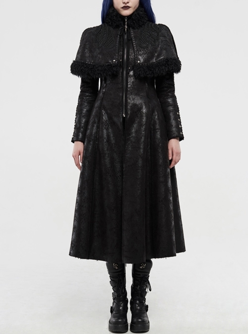 High Collar Small Cloak Decals Back Waist Lace-Up Black Gothic Imitation Fur Long Coat
