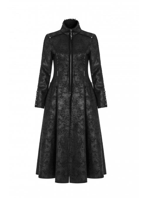 High Collar Small Cloak Decals Back Waist Lace-Up Black Gothic Imitation Fur Long Coat