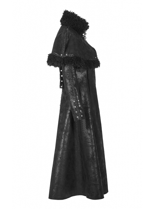 High Collar Small Cloak Decals Back Waist Lace-Up Black Gothic Imitation Fur Long Coat