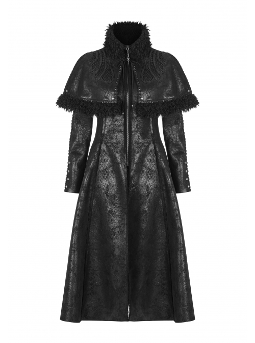High Collar Small Cloak Decals Back Waist Lace-Up Black Gothic Imitation Fur Long Coat