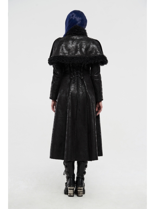 High Collar Small Cloak Decals Back Waist Lace-Up Black Gothic Imitation Fur Long Coat