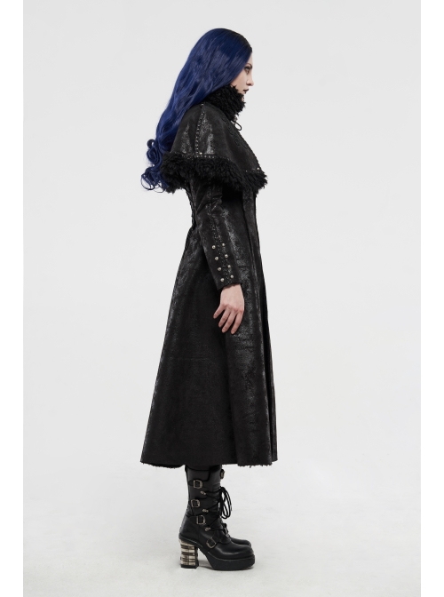 High Collar Small Cloak Decals Back Waist Lace-Up Black Gothic Imitation Fur Long Coat