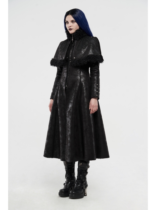 High Collar Small Cloak Decals Back Waist Lace-Up Black Gothic Imitation Fur Long Coat
