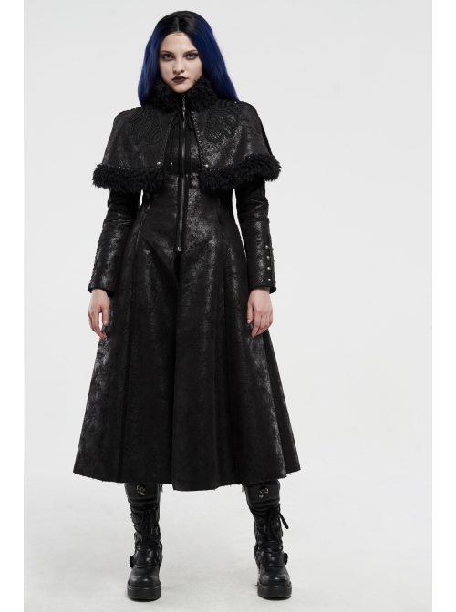 High Collar Small Cloak Decals Back Waist Lace-Up Black Gothic Imitation Fur Long Coat