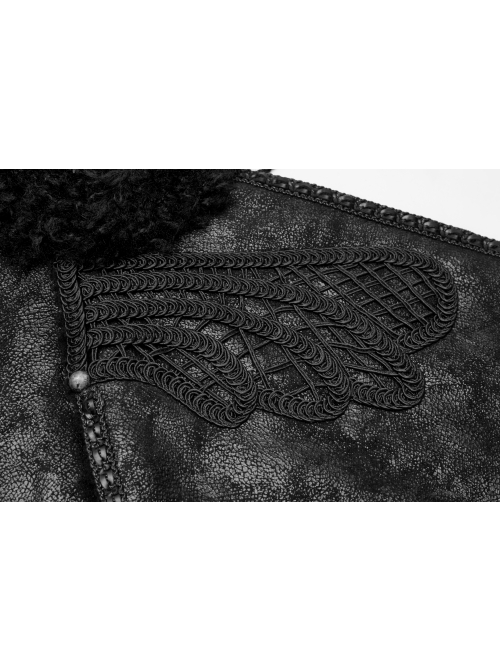 High Collar Small Cloak Decals Back Waist Lace-Up Black Gothic Imitation Fur Long Coat
