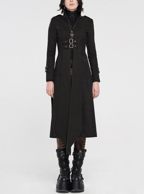High Collar Metal Rivet Shoulder Epaulets Front Metal Hasp Long Sleeve Black Punk Twill Long Jacket