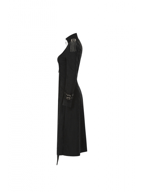 High Collar Metal Rivet Shoulder Epaulets Front Metal Hasp Long Sleeve Black Punk Twill Long Jacket