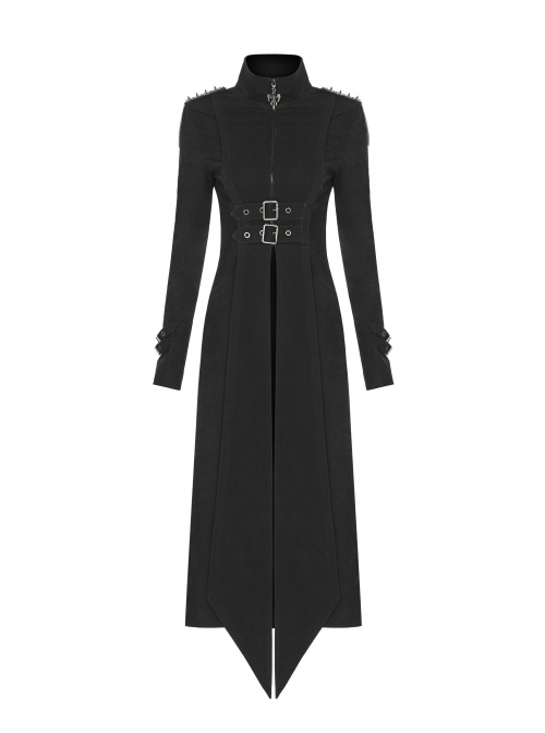 High Collar Metal Rivet Shoulder Epaulets Front Metal Hasp Long Sleeve Black Punk Twill Long Jacket