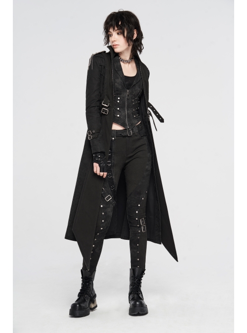 High Collar Metal Rivet Shoulder Epaulets Front Metal Hasp Long Sleeve Black Punk Twill Long Jacket
