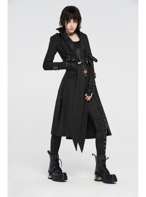 High Collar Metal Rivet Shoulder Epaulets Front Metal Hasp Long Sleeve Black Punk Twill Long Jacket